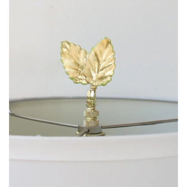 Gorgeous Light-catching pair of Vintage Italian Gold Leaf Tole Finials with hints of Chartreuse Green around edges. Set in...