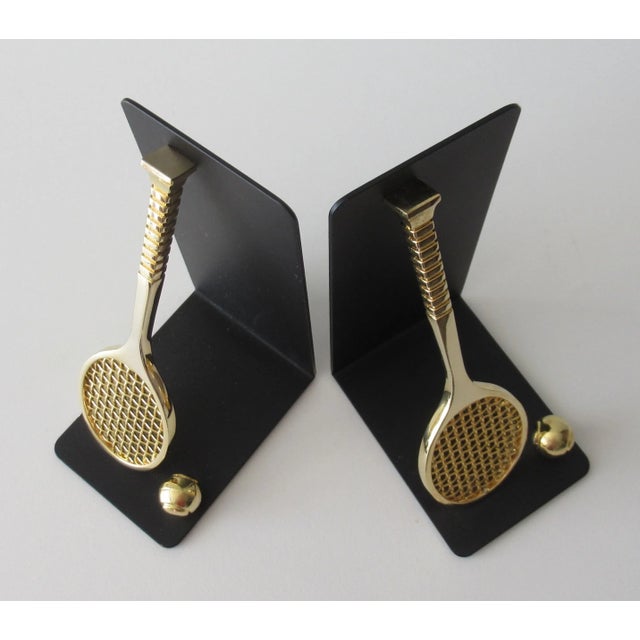 C.1980's Brass Tennis Racket & Ball Bookends With Black Satin Metal Backs -Made Exclusively for Lord & Taylor For Sale - Image 10 of 13