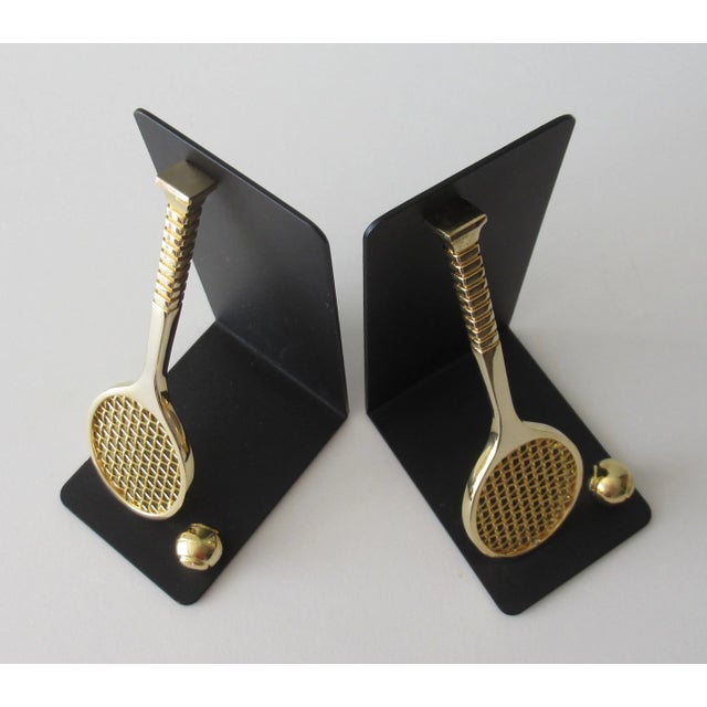 C.1980's Brass Tennis Racket & Ball Bookends With Black Satin Metal ...