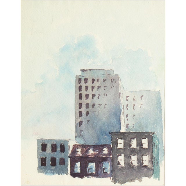 A watercolor painting of a cityscape by the American artist Bill Abell. This painting features the tops of five...