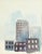 A watercolor painting of a cityscape by the American artist Bill Abell. This painting features the tops of five...
