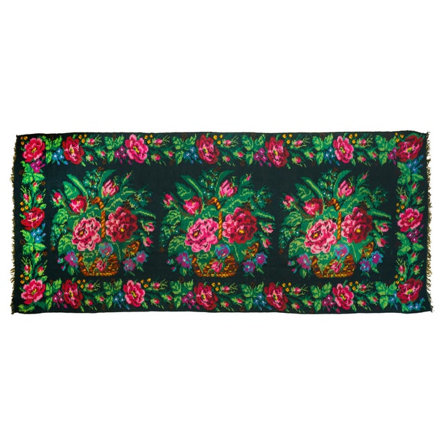 Vintage Romanian-Moldovan Handwoven Wool Runner Rug with Floral Rose Basket Folk Pattern, 1970s For Sale - Image 11 of 11