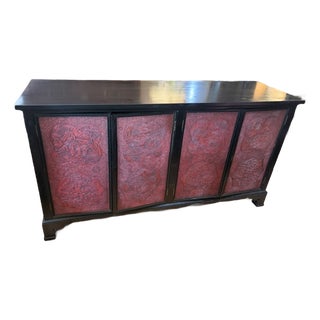 1950s Rare Large Asian Black Lacquer & Cinnabar Four Door Server, Console 70 Inch Long For Sale