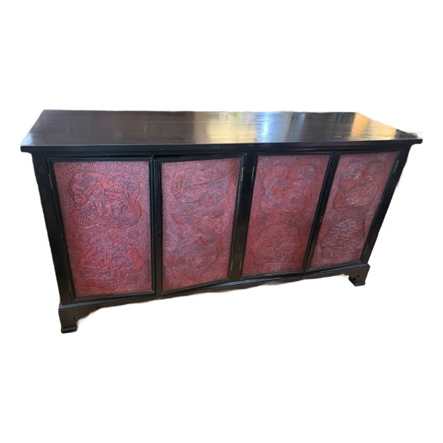 1950s Rare Large Asian Black Lacquer & Cinnabar Four Door Server, Console 70 Inch Long For Sale
