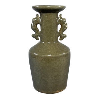 Antique Chinese Longquan Celadon Vase With Twin Fish-Dragon Handles For Sale