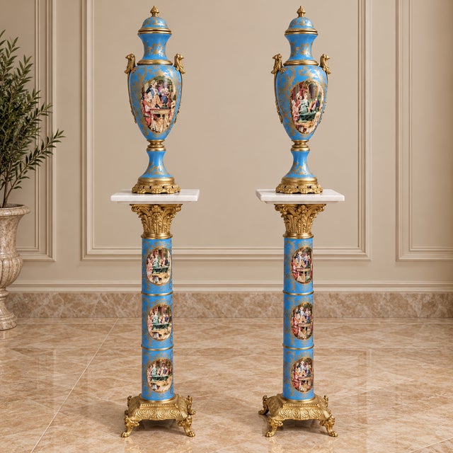 Make a striking statement with this grand decorative vase and pedestal, featuring an elegant combination of celestial...