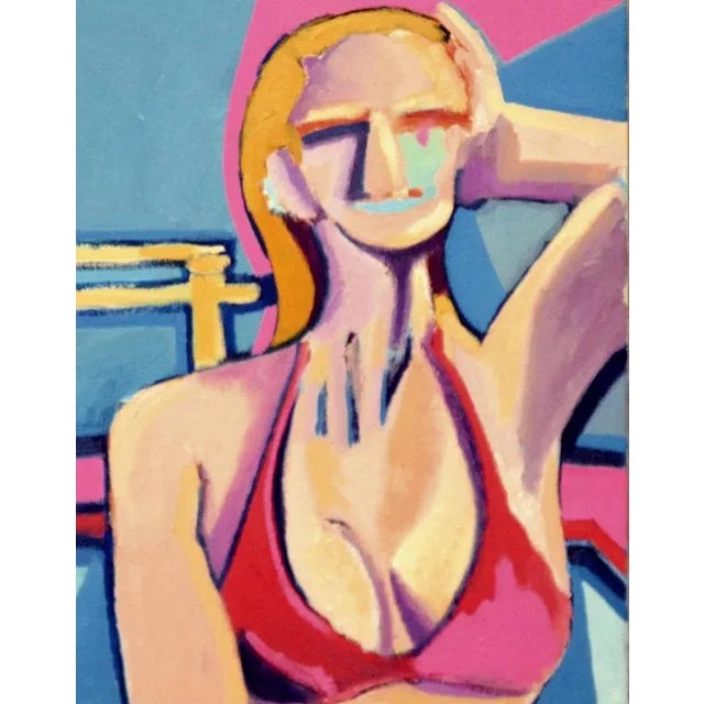 Modernist painting of blonde woman in a red bikini by San Francisco artist Michael William Eggleston (American, 20th c.)....
