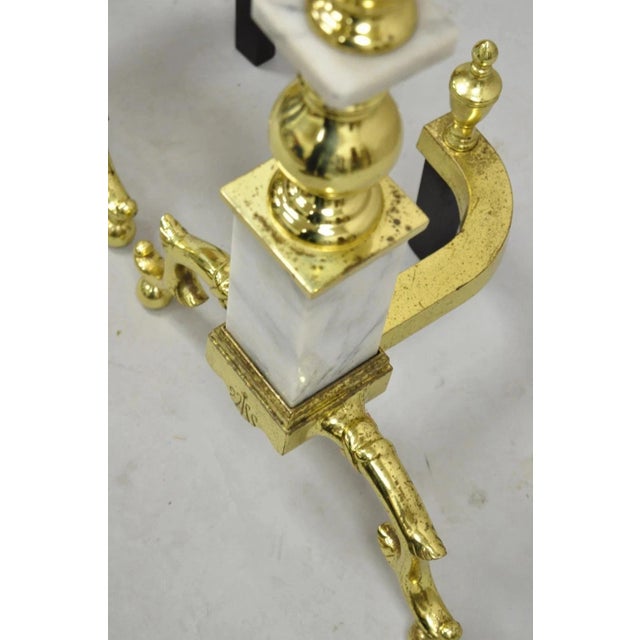 Vintage Brass Urn & Marble Federal Style Branch Leg Fireplace Andirons - A Pair For Sale - Image 9 of 11