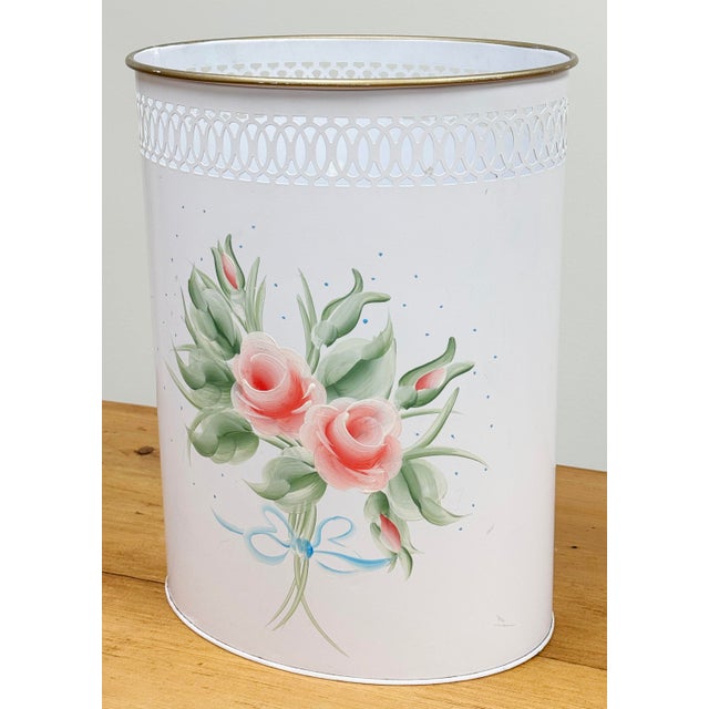 Mid-Century Modern Vintage Hand-Painted Tole Floral Pierced Metal Waste Bin For Sale - Image 3 of 8