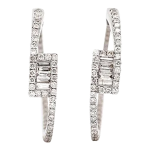14k White Gold Bypass 1.01 Carat Round and Baguette Cut Diamond Hoop Earrings - 2 Pieces