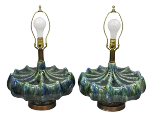 Vintage Mid Century Modern Blue Green Ceramic Table Lamps by Modernera - A Pair