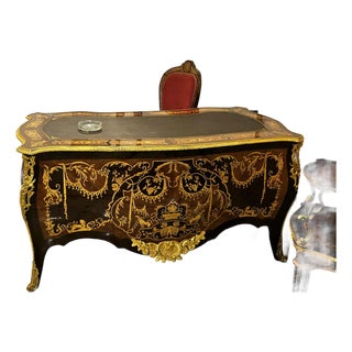 Grand French Rococo Writing Desk – Ornate Black Lacquer Desk With Gold Leaf & Bronze Details For Sale
