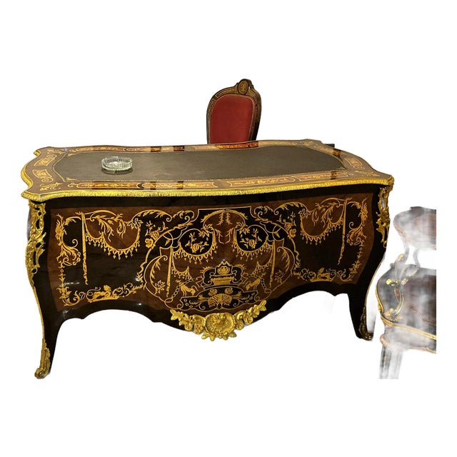 Grand French Rococo Writing Desk – Ornate Black Lacquer Desk With Gold Leaf & Bronze Details For Sale