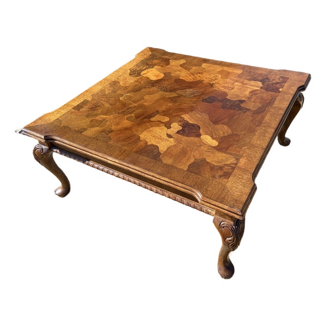 Vintage Mid Century Modern French Provincial Parquetry Burl Wood Coffee Table For Sale