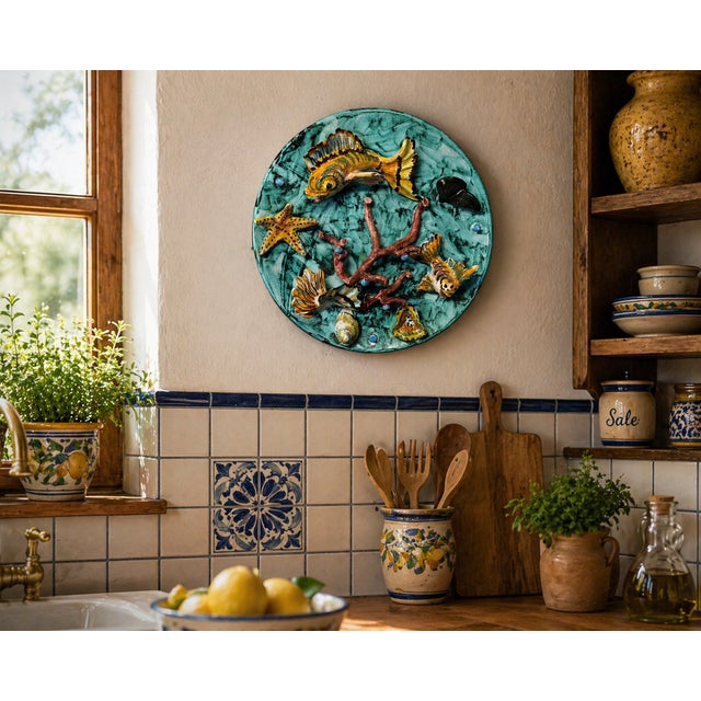 Splendid Vietri ceramic wall plate featuring a vibrant marine composition entirely in relief. The surface is enlivened by...