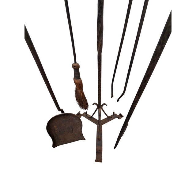 Antique Fireplace Tools Set Arts Crafts Artist Made Hand Forged Wrought Iron For Sale - Image 4 of 16