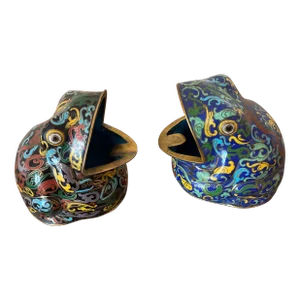 Early 20th Century Cloisonné Blue & Black Asian Chinoiserie Enamel Frog Ashtrays- a Pair