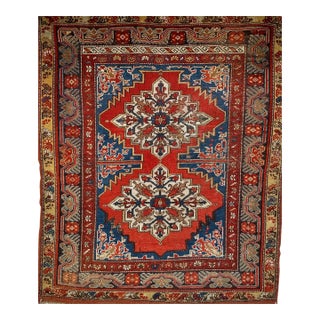 19th Century Handwoven Anatolian Village Rug, Caucasian Design Wool, 4' x 5' For Sale