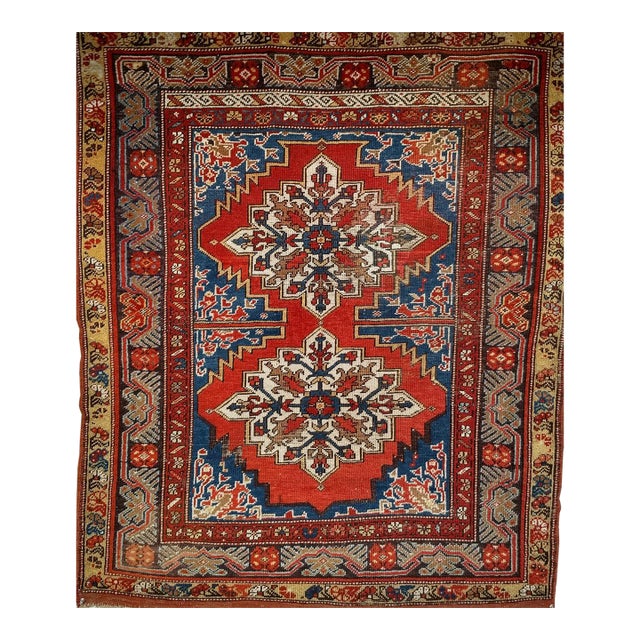 19th Century Handwoven Anatolian Village Rug, Caucasian Design Wool, 4' x 5' For Sale