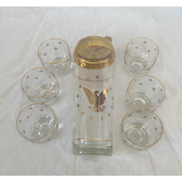 Vintage MCM Culver "Patriotic Eagle" Cocktail Shaker Set perfect for the Fourth of July. Shaker with 6 shantilly glasses,...