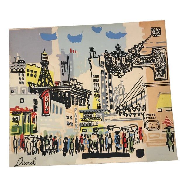 Mid 20th Century Mid-Century Modern Illustration Depicting the Marshall Field & Company Clock/Street Scene in Chicago by David, Framed For Sale