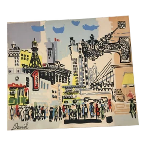 Mid 20th Century Mid-Century Modern Illustration Depicting the Marshall Field & Company Clock/Street Scene in Chicago by David, Framed