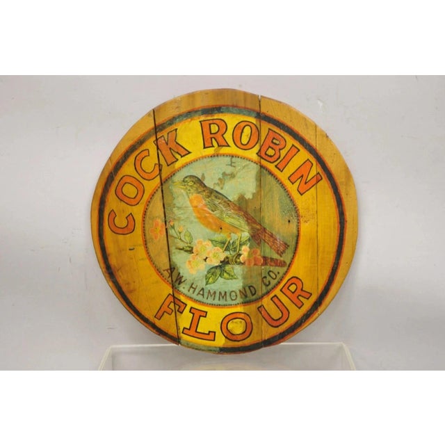 Victorian Vintage Cock Robin Flour Aw Hammond Co Round Wood Advertisement Plaque For Sale - Image 3 of 11