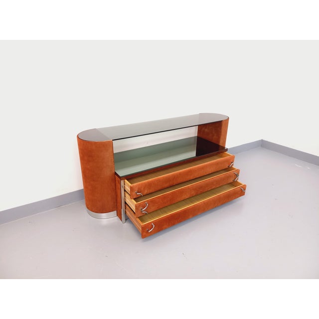 Glass Vintage Italian Dressing Table in Suede Velvet, 1970s For Sale - Image 7 of 18