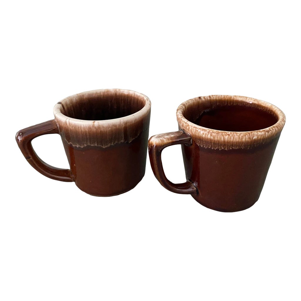 Vintage Brown Drip Glaze Pottery Mugs- Set of 2 | Chairish