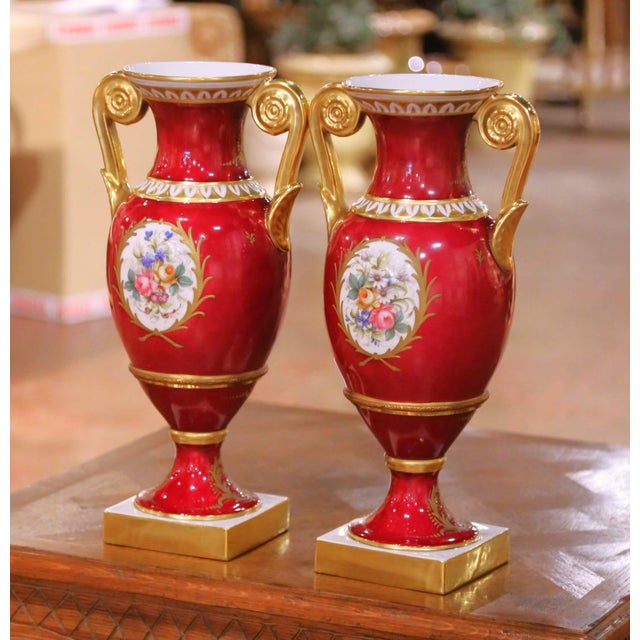 Ruby Red Pair of 19th Century French Neoclassical Hand Painted “Porcelaine De Paris” Urns For Sale - Image 8 of 14