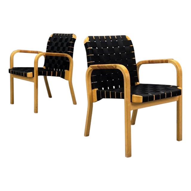Alvar Aalto, Birch, Rattan, Black Linen Webbing, Armchairs, Finland, 1980s For Sale