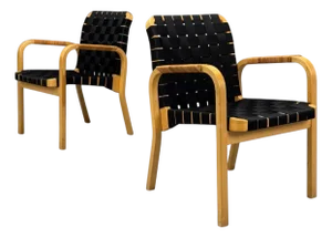 Alvar Aalto, Birch, Rattan, Black Linen Webbing, Armchairs, Finland, 1980s