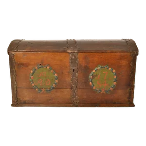 Antique 18th Century German Baroque Painted Walnut Iron Coffer Chest Trunk 1784