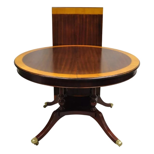 Regency Style Mahogany Round Banded Oval Extension Dining Table W/ Leaf For Sale