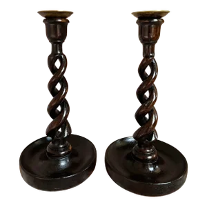 Pair Set Antique English Oak Open Barley Twist Candlesticks Candle Holder Brass