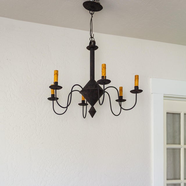 Black Tin Colonial Six Arm Chandelier in the Style of Richard D Scofield For Sale - Image 10 of 12