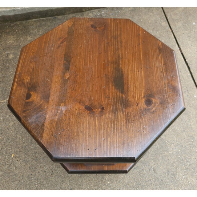 Chocolate Mid Century Antiqued Pine Two-Tier Octogonal Side Table For Sale - Image 8 of 8