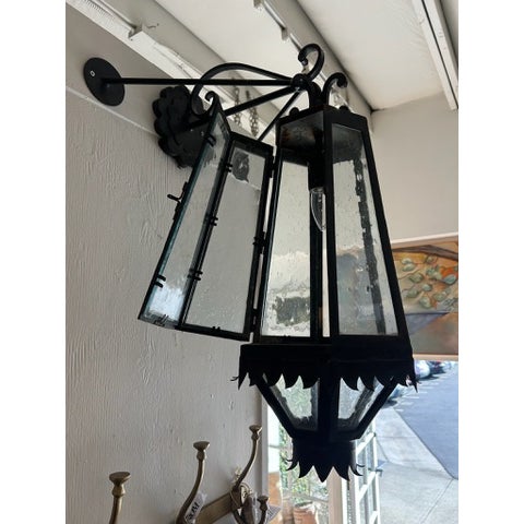 Metal Vintage Iron Lantern Wall Sconces With Glass Seeded Panels - a Pair For Sale - Image 7 of 17