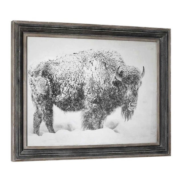 Traditional in style, this majestic Bison print features a monochromatic, black and white color scheme range. A rustic...