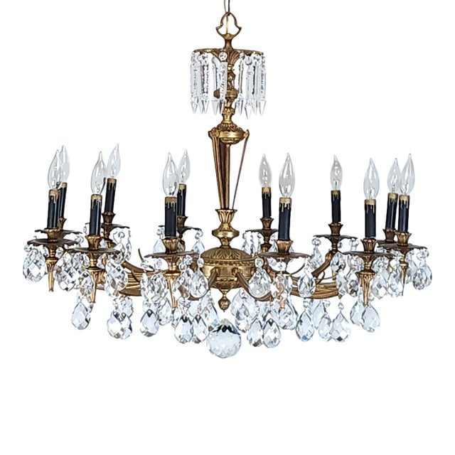 Antique 12 Light Captivating Curvaceous Brass Cut Lead Crystal Chandelier ~ Rewired ~ Restored ~ Rejuvenated ~ Ready to Hang ~ For Sale