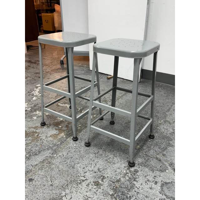 Industrial Vintage Industrial Gray Metal Bar Stools Lyon Workspace Model 1901, Pair For Sale - Image 3 of 12
