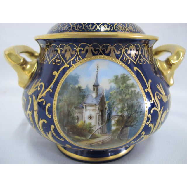 19th Century Art Nouveau Hermann Voigt Karlsbad 19thc Gilt Hand Painted Church Landscape Porcelain Sugar Bowl For Sale - Image 9 of 14