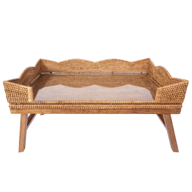 2020s Artifacts Rattan Scallop Design Breakfast Tray with Wooden Legs with Glass insert, Honey Brown For Sale - Image 5 of 5