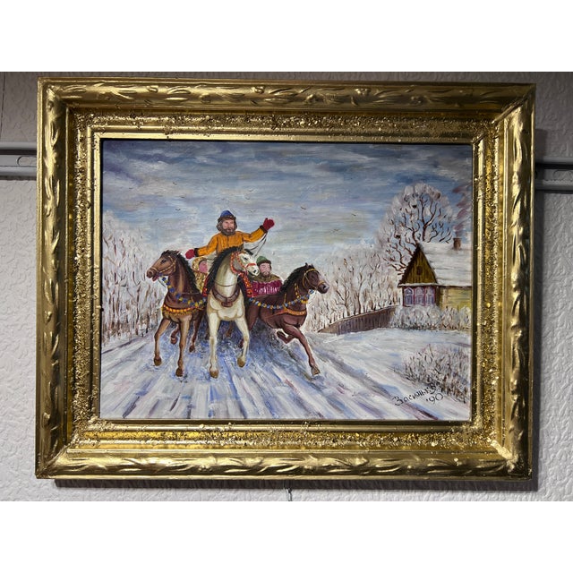 1990 Artist V.Vasilyev Oil Painting on Canvas Genre Scene "Festival Maslenitsa" For Sale - Image 4 of 10