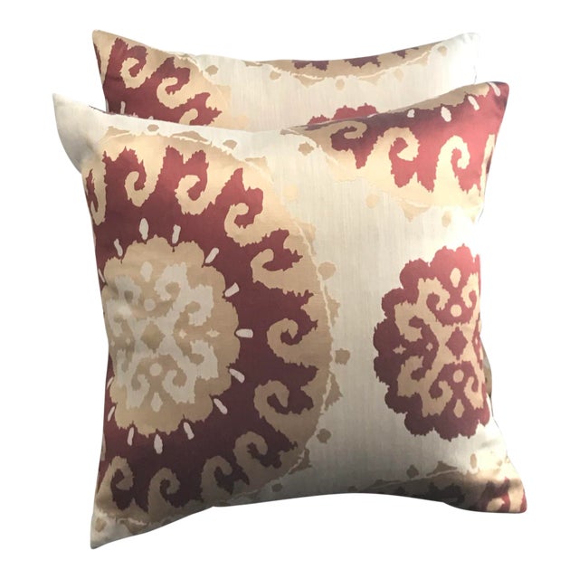 Large 22” Cream Red and Gold Satin Floral Pillowcases - a Pair For Sale