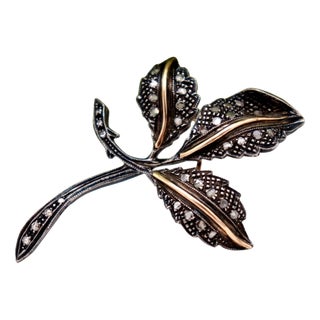 Gold and Silver Brooch with Diamond Chips For Sale