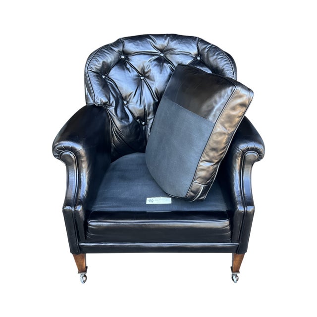 Vintage English Black Leather Club Chair With Tufted Back & Casters For Sale - Image 12 of 12