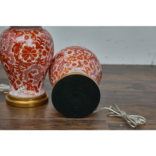 Pair of Red and White Porcelain Dragon Temple Jar Table Lamps For Sale - Image 4 of 12