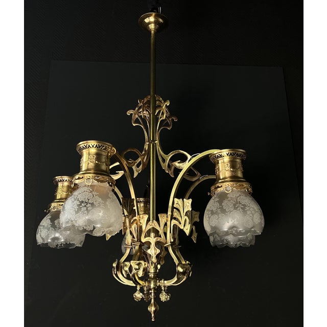 Antique Art Nouveau Chandelier in Brass and Bronze, 1890s For Sale - Image 4 of 13