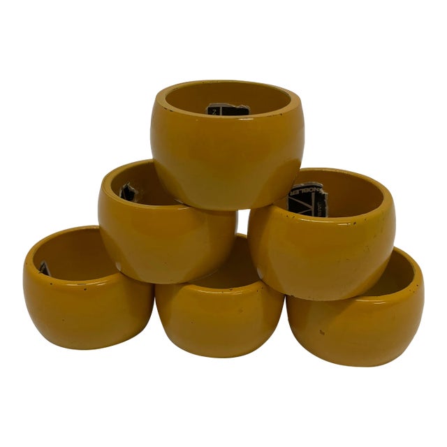 Mid Century Modern Yellow Wooden Knobler Napkin Rings- Set of 6 For Sale